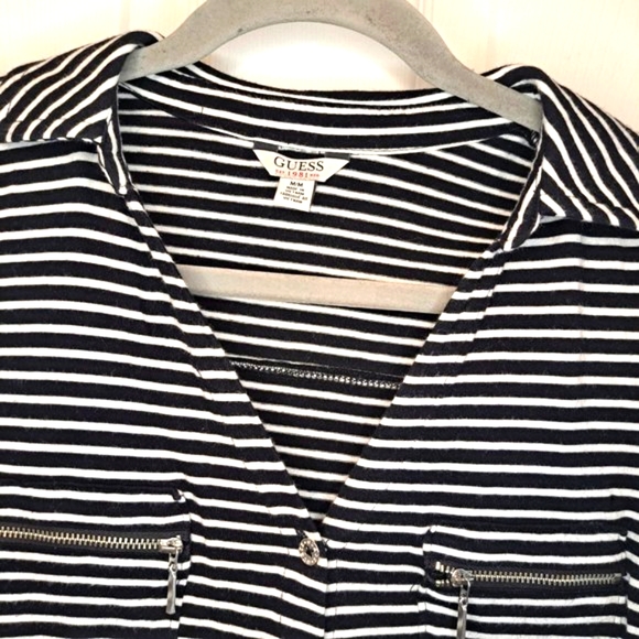 Guess Black White Striped Button Down Zip Pocket Roll Tab Sleeves Size Medium - Picture 7 of 8